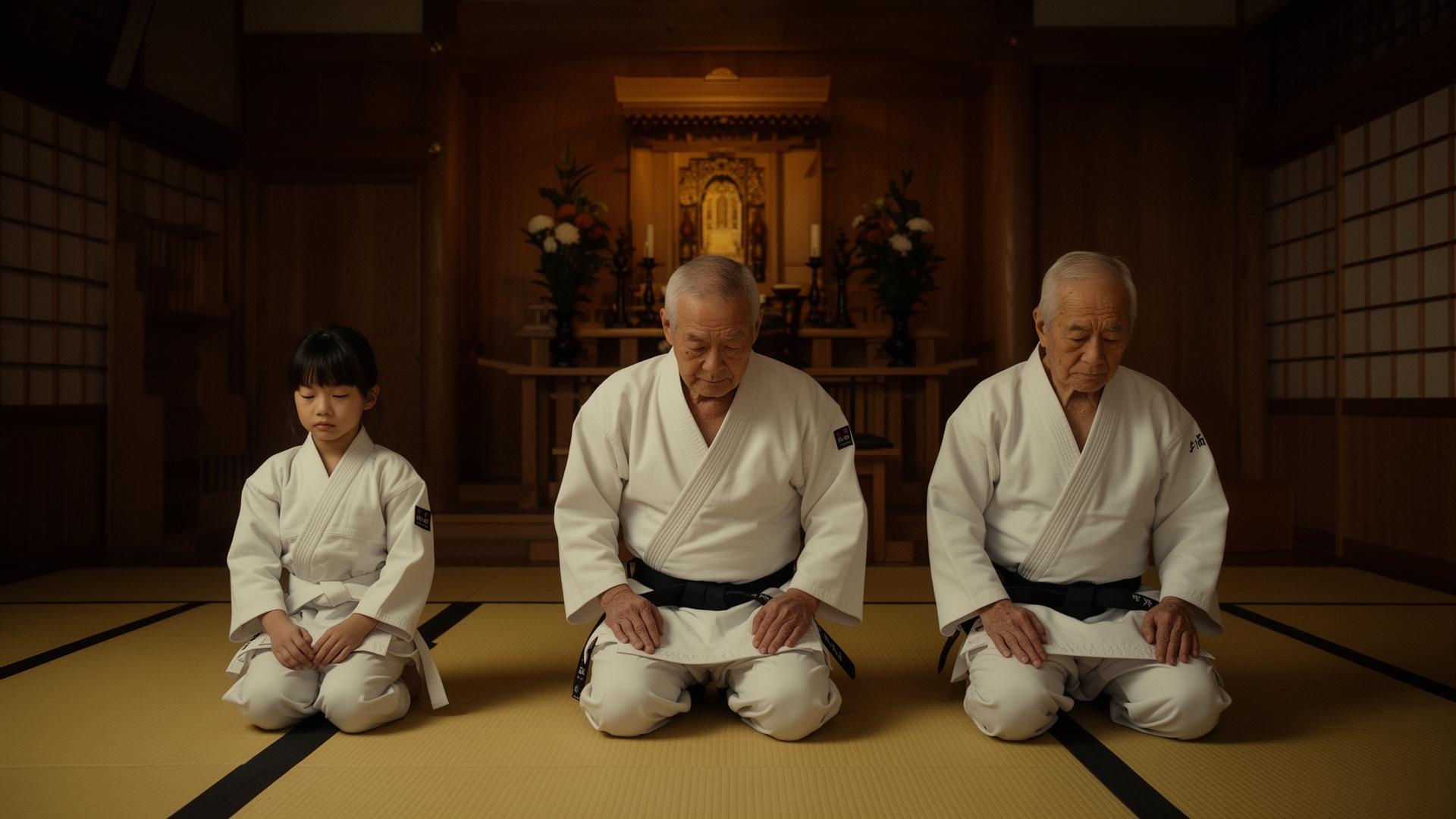 Drei Generationen verbeugen sich gemeinsam in Seiza