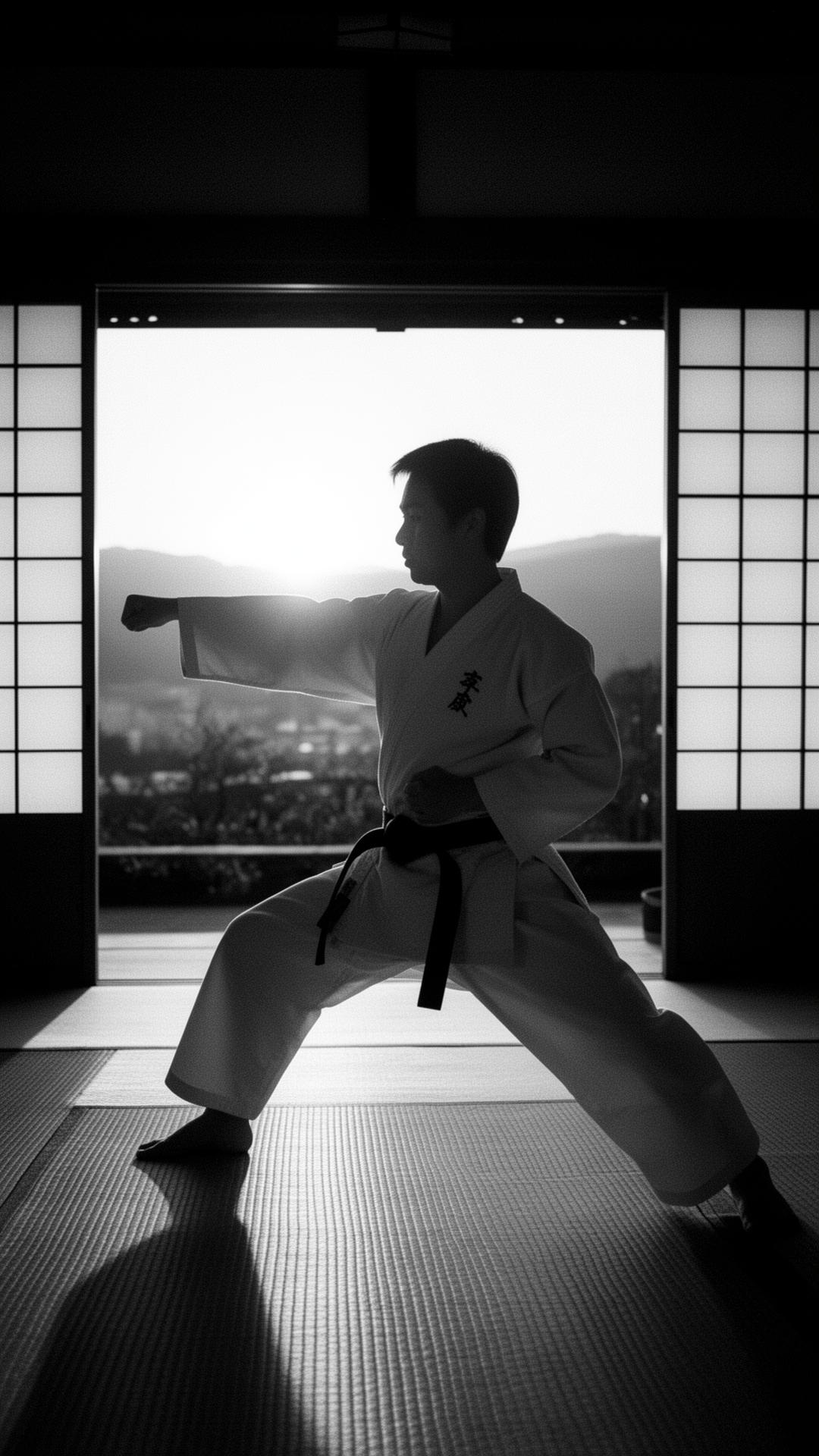 Karateka in tiefer Stellung bei Sonnenaufgang im Dojo