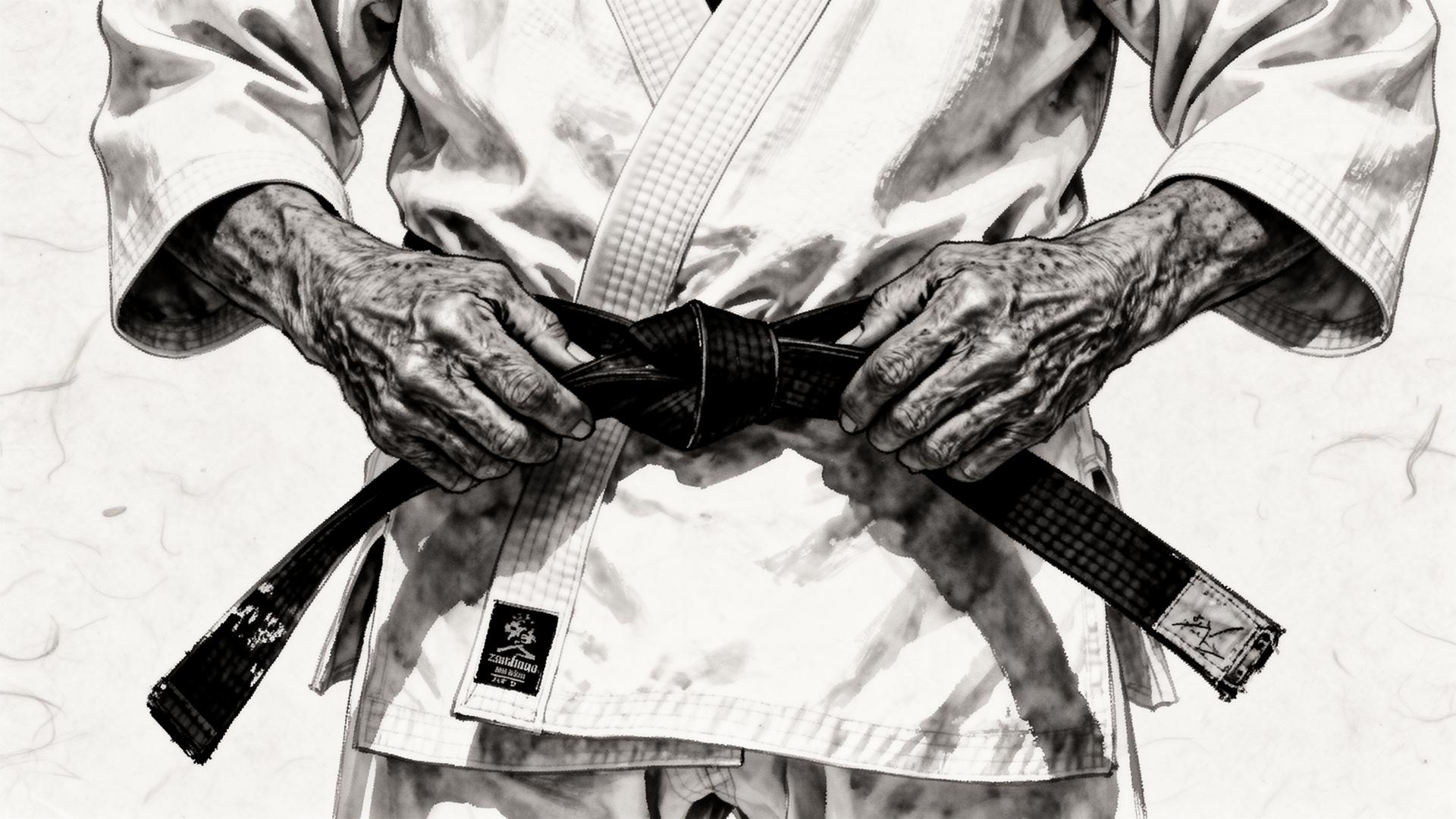 Hände eines Karate-Meisters binden den schwarzen Gürtel